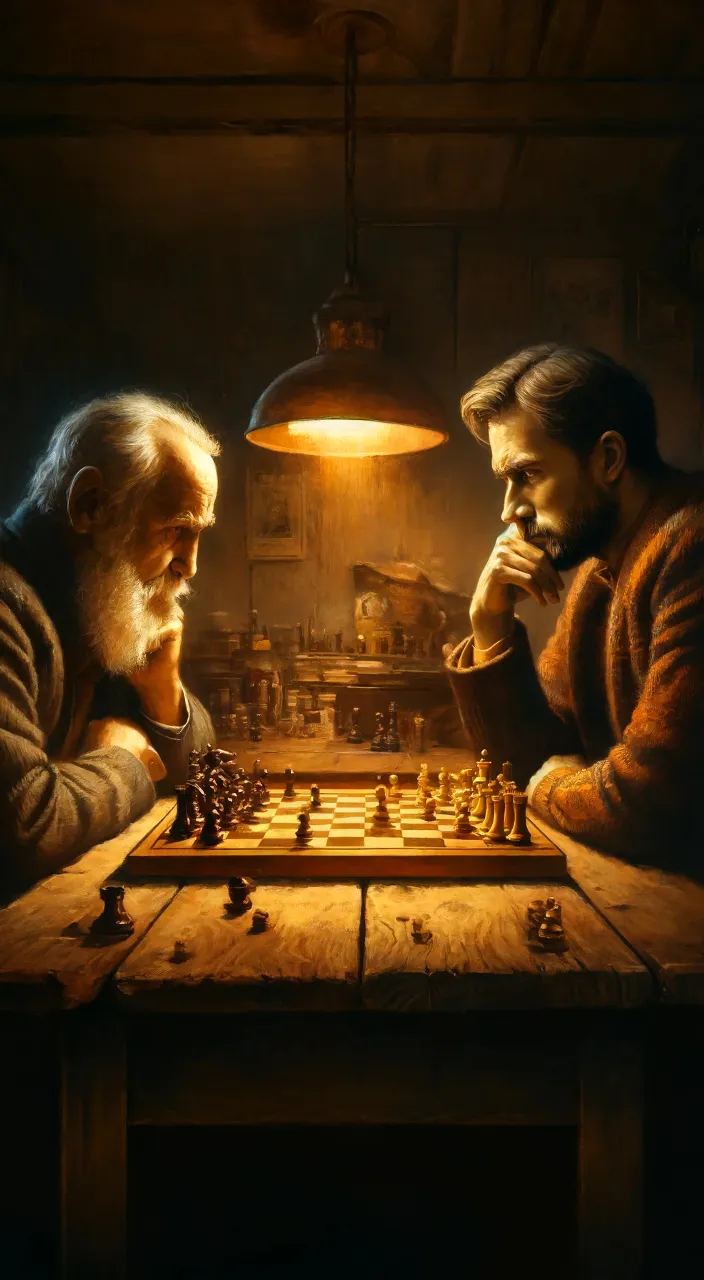 two men playing chess in a dark room