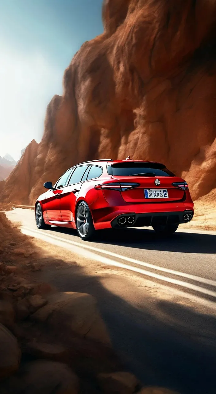 a red car driving down a desert road