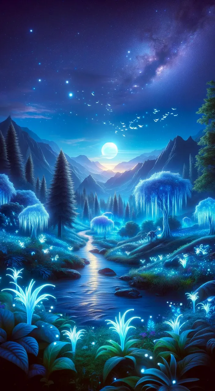 a painting of a night scene with a river and trees