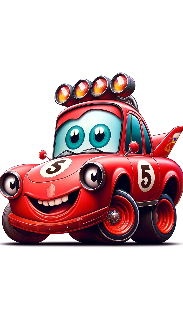 a red car with two eyes and a number five on it is walking on the beach