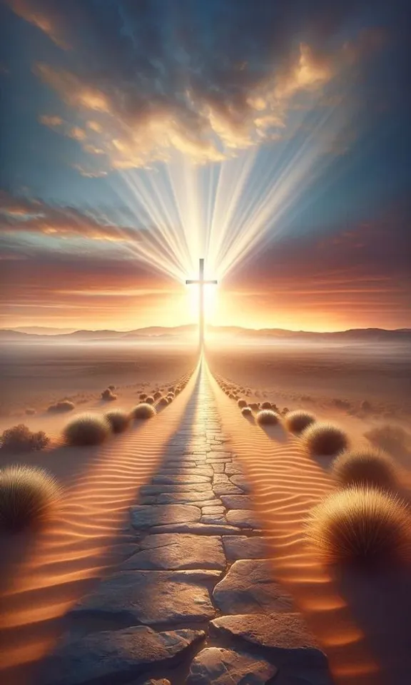 a painting of a cross in the middle of a desert