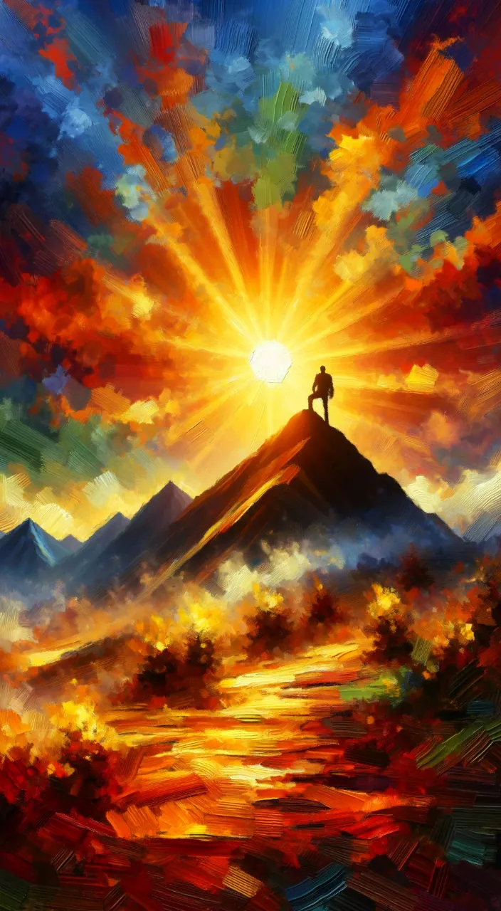 a painting of a person standing on top of a mountain