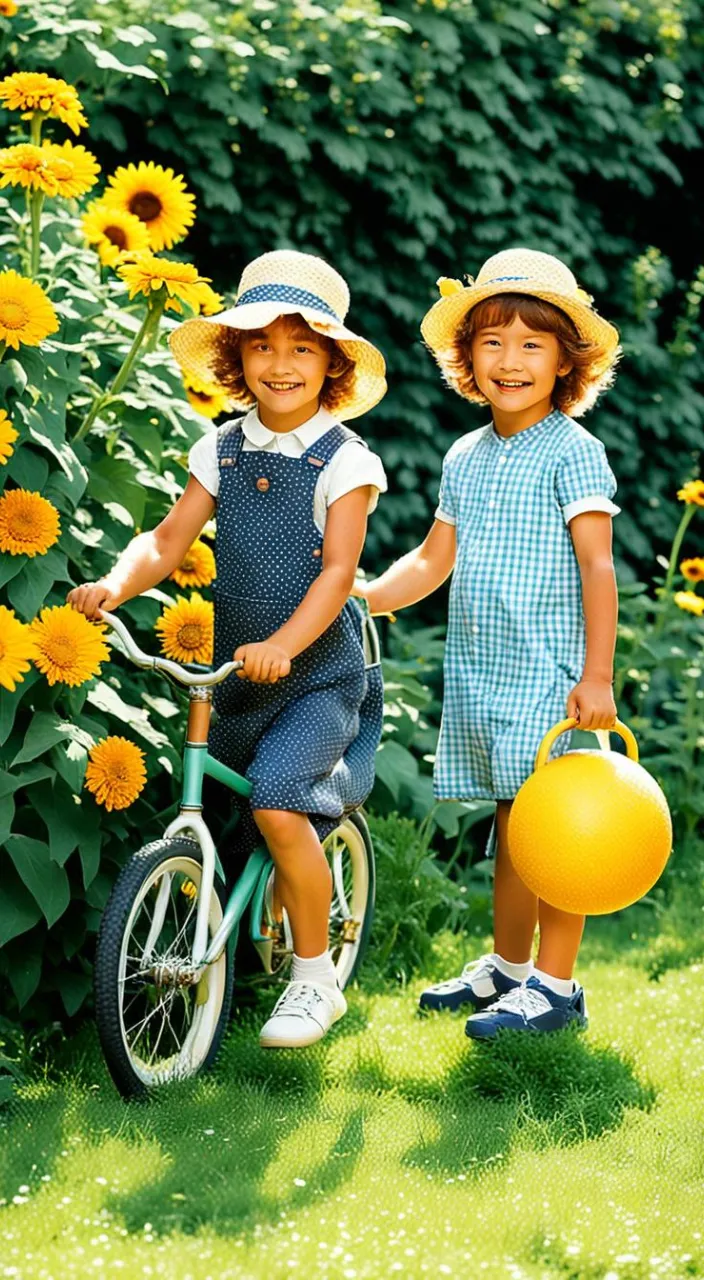 iperrealistic movie of two little girls standing next to each other on a bike