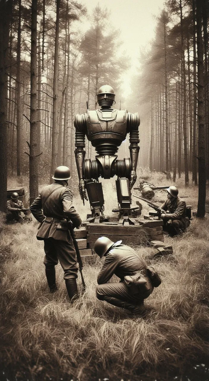 a man kneeling down next to a giant robot