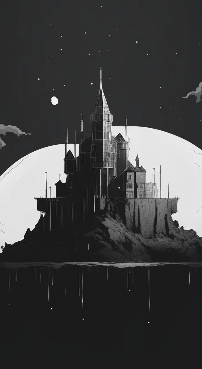 a castle sitting on top of a hill under a full moon