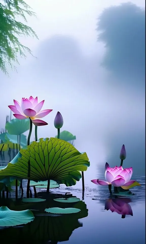 a painting of water lilies in a pond