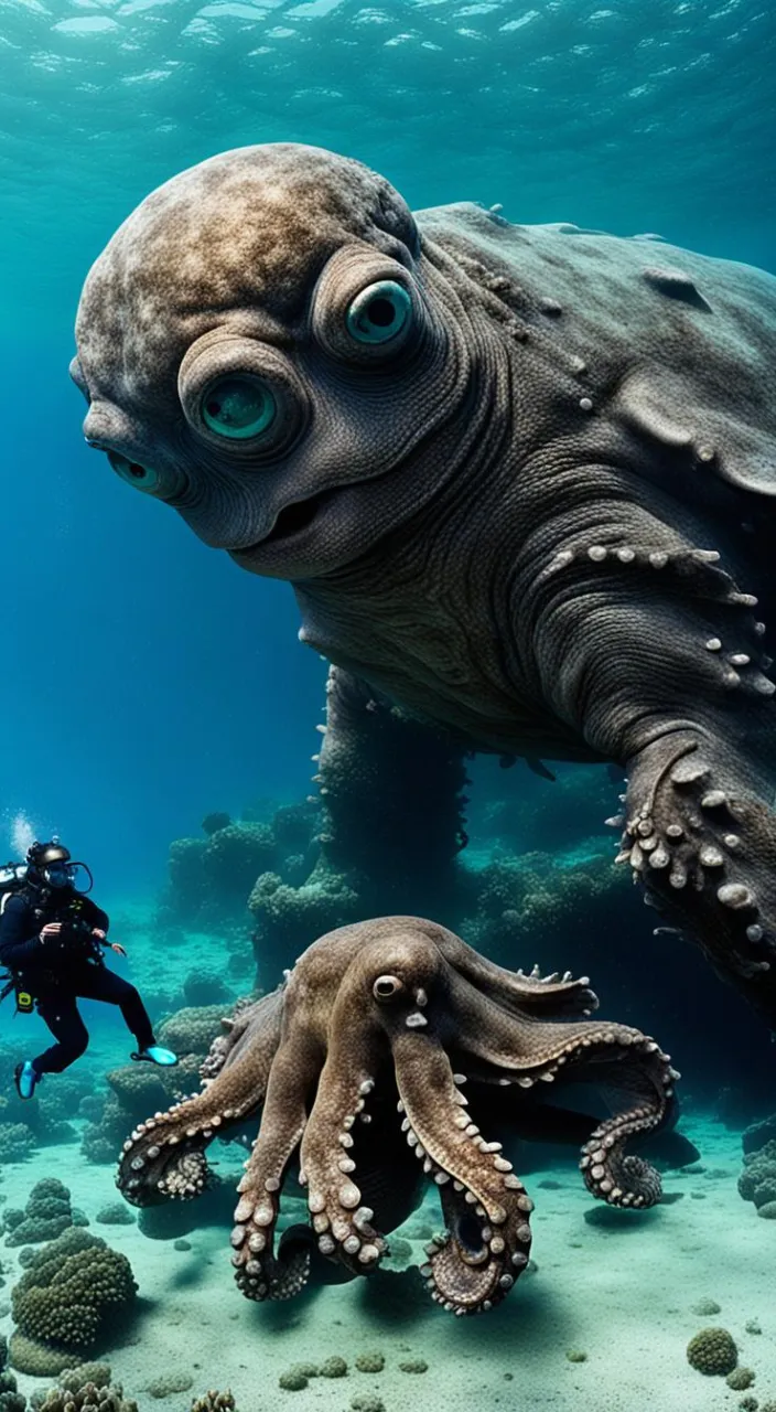 a man scubas next to an octopus in the ocean