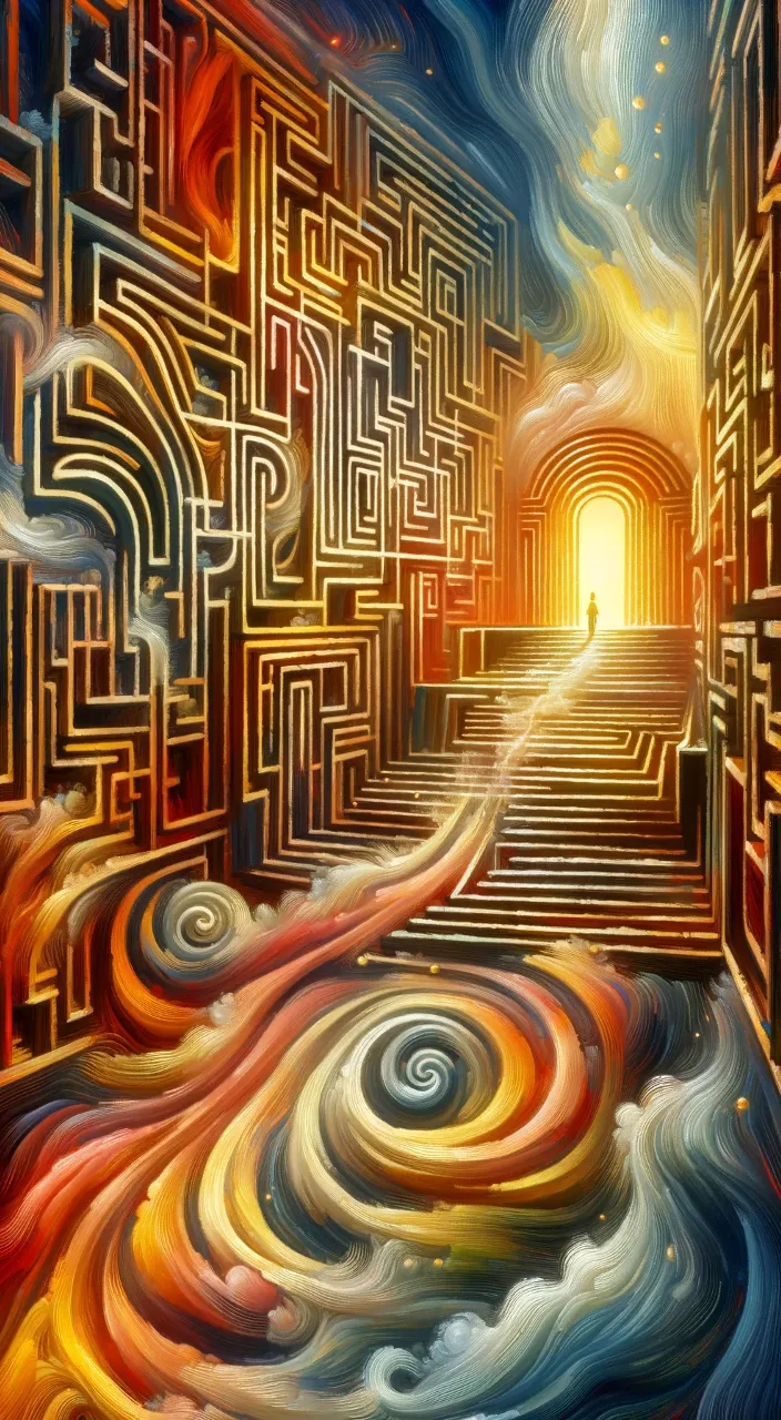 a painting of a stairway leading to an open door