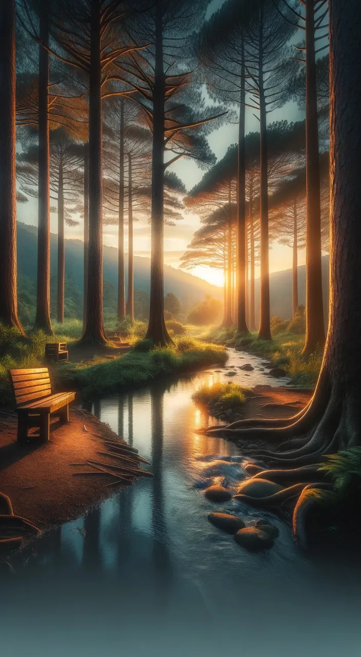 a painting of a sunset in a forest with a park bench next to a stream