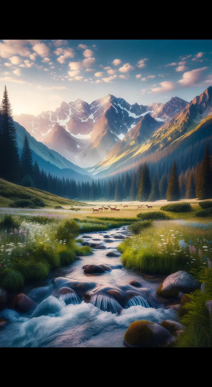 a painting of a mountain stream in a valley and the morning mist rolling in 