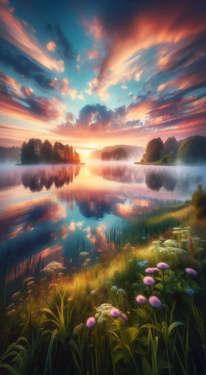 a painting of a beautiful sunset over a lake as the sun rises on the horizon and the mornings mist rolles across the lake