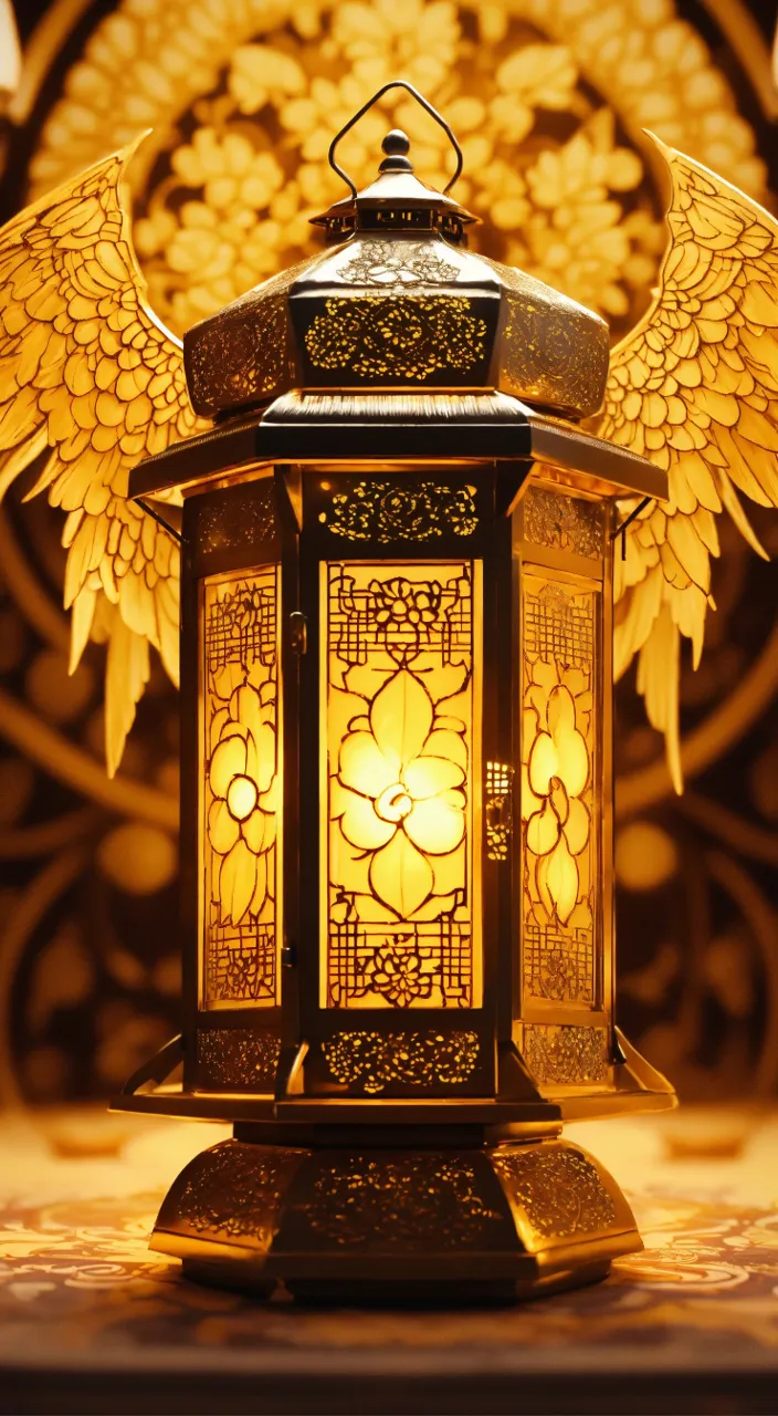 a lantern with wings on top of a table