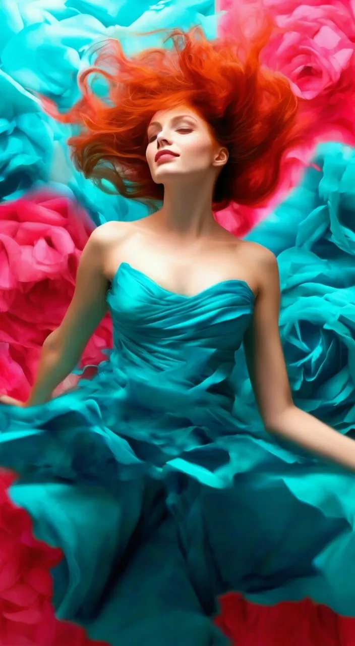 a woman with red hair in a blue dress