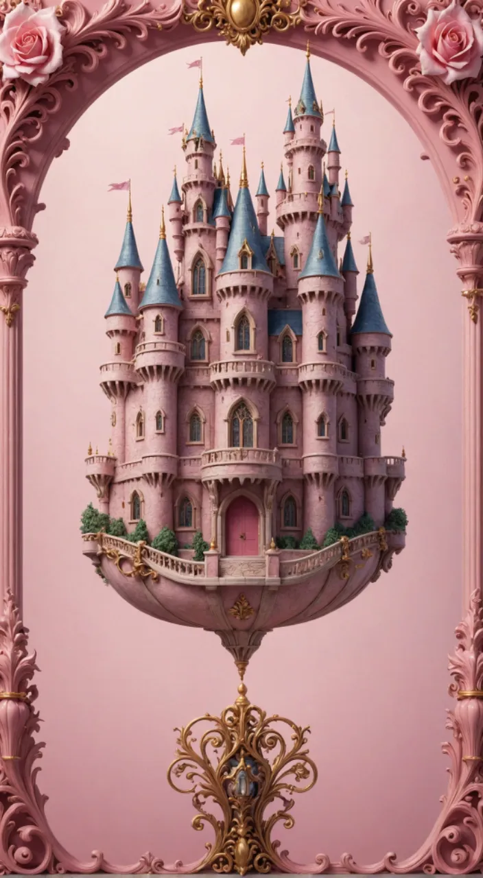 a pink picture frame with a pink bas relief castle in it