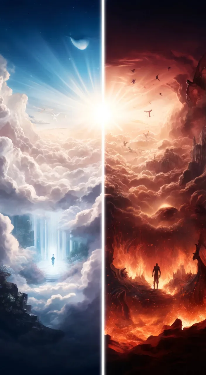 two pictures of a man standing in the middle of a cloud filled sky