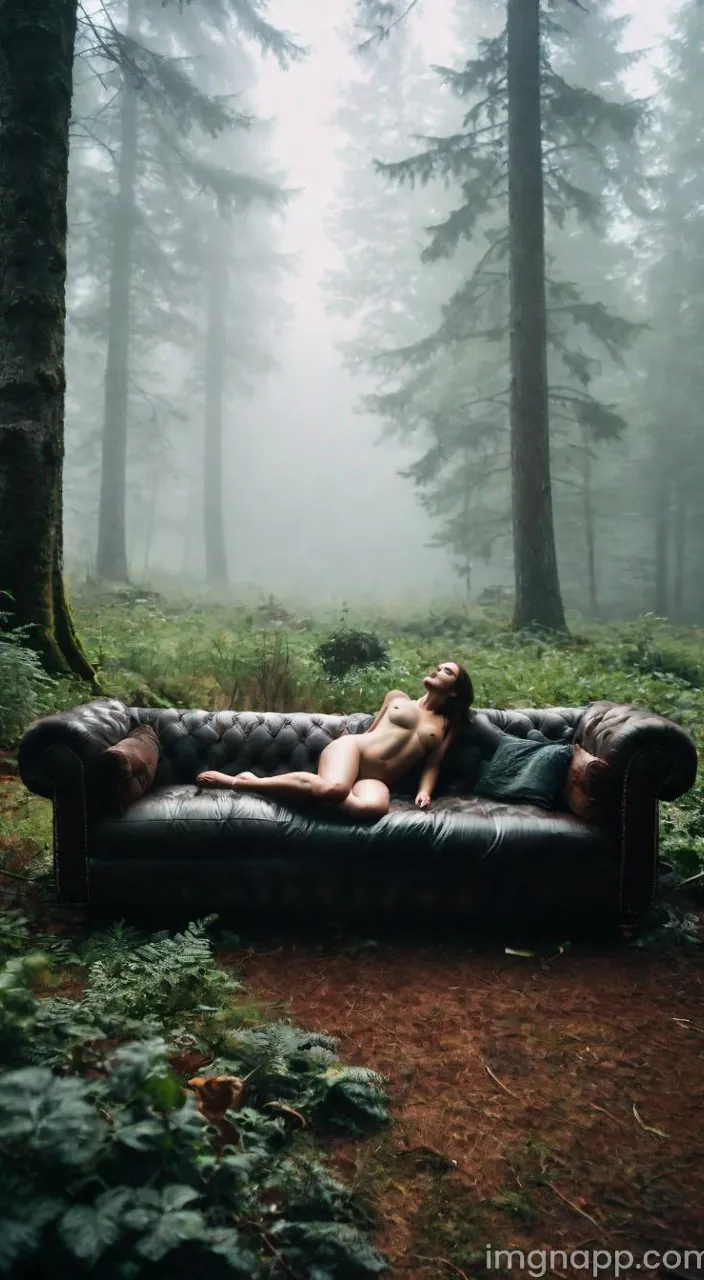 a beautiful woman laying on top of a couch in a foggy forest