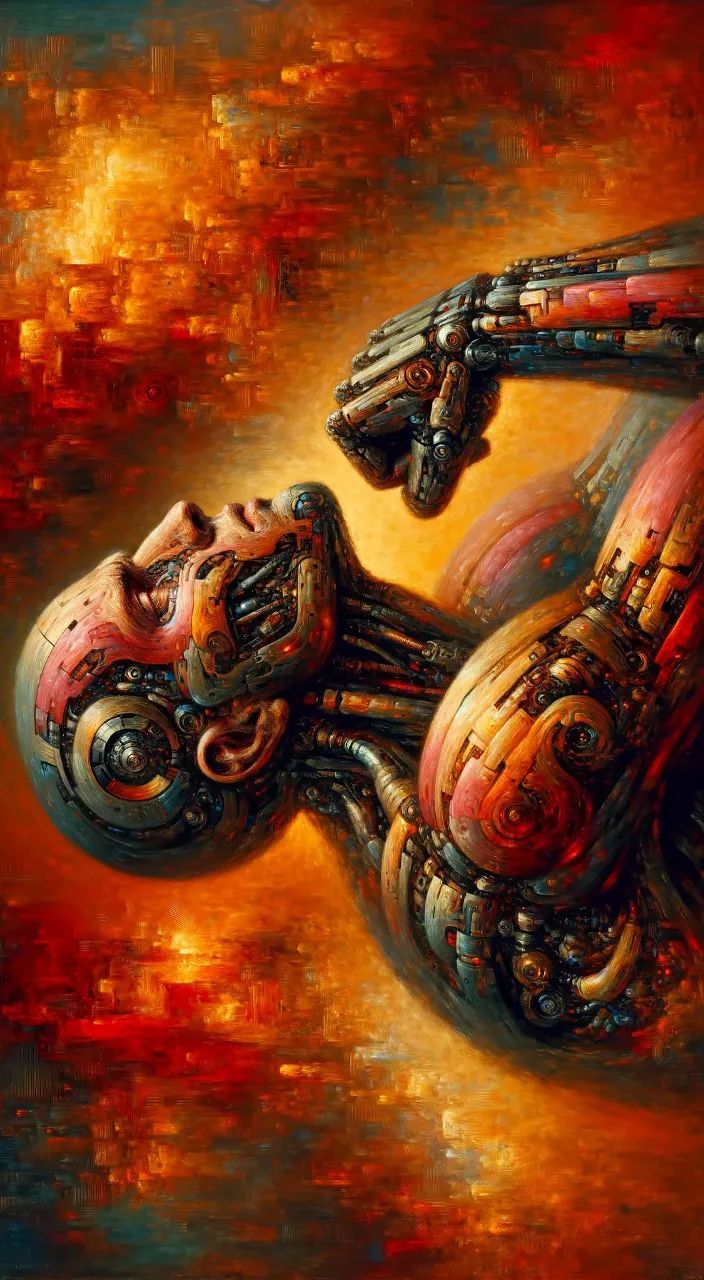 a painting of a woman's face with a robotic arm