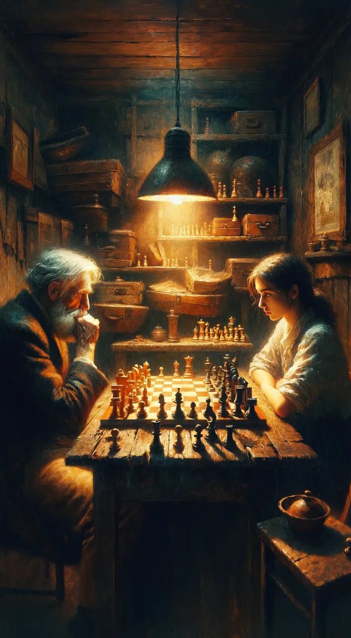 a painting of two men playing a game of chess