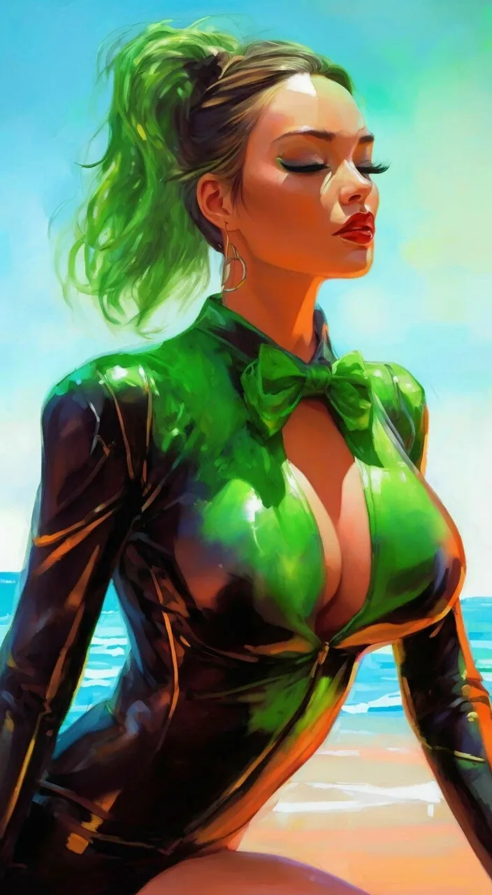 a painting of a woman with green hair