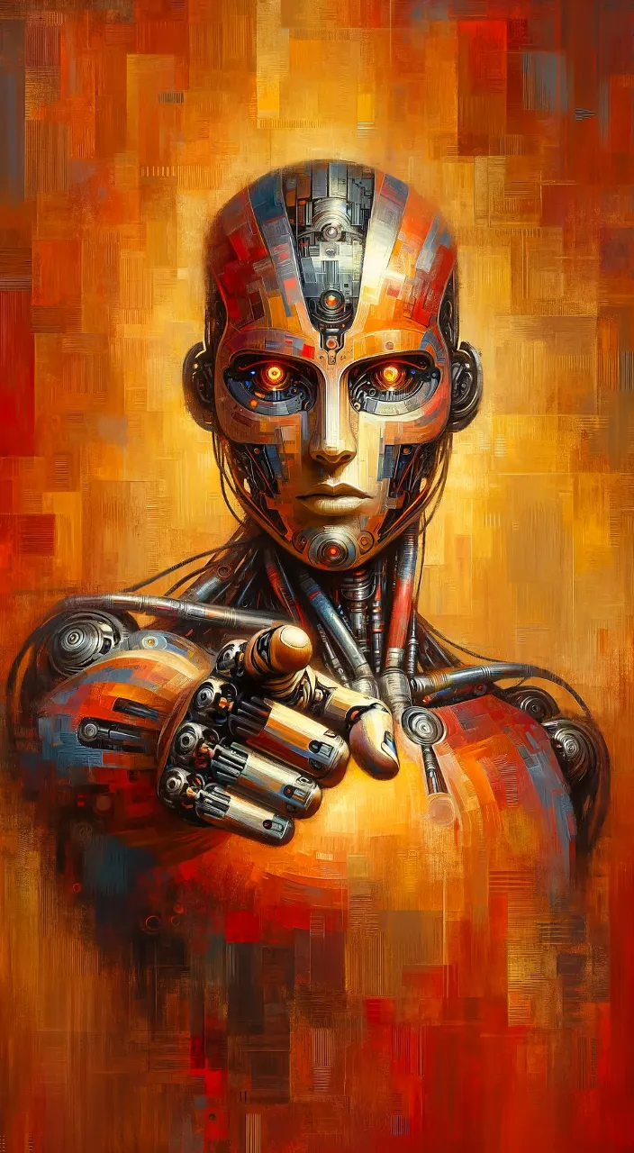 a painting of a robot holding a robotic hand