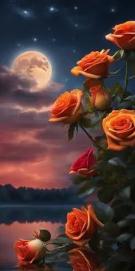 a painting of a full moon and red roses