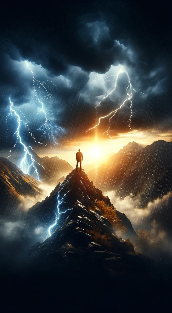 a man standing on top of a mountain under a cloudy sky