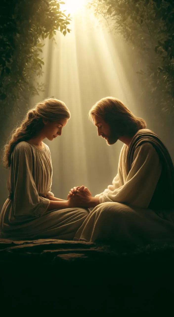 a painting of jesus and mary in the light of the cross