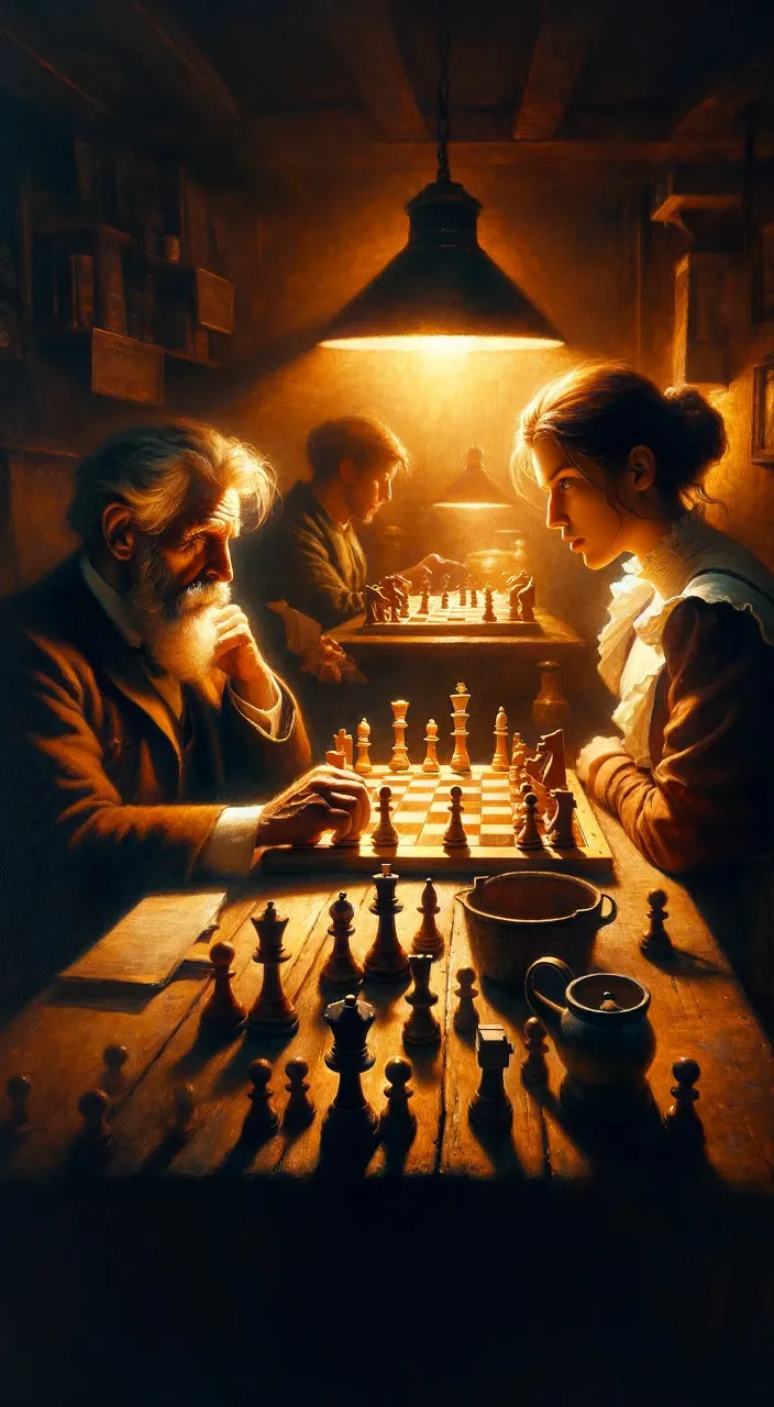 a painting of three people playing chess