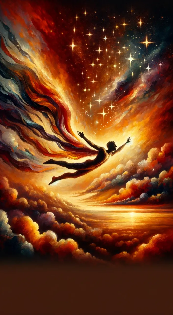 a painting of a woman flying through the sky