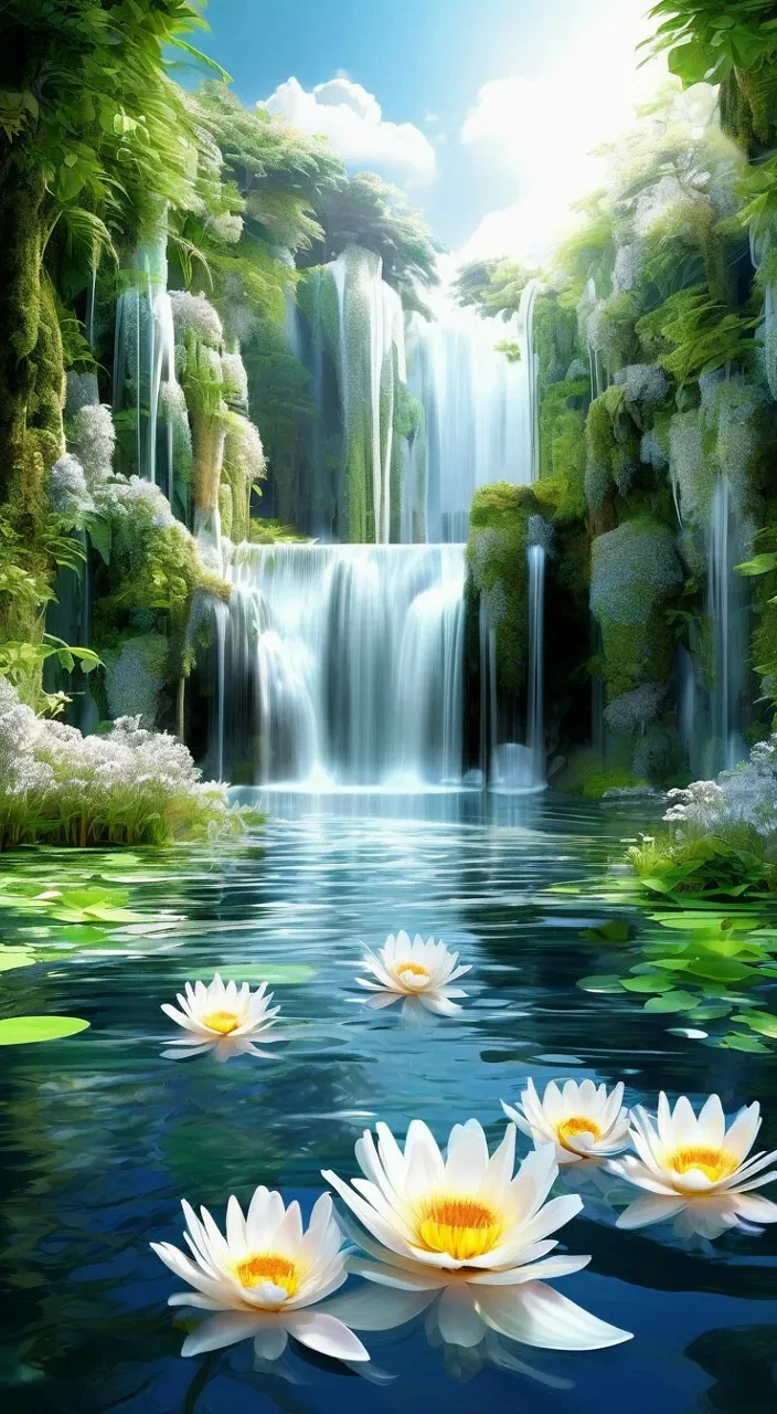 a painting of water lilies in front of a waterfall