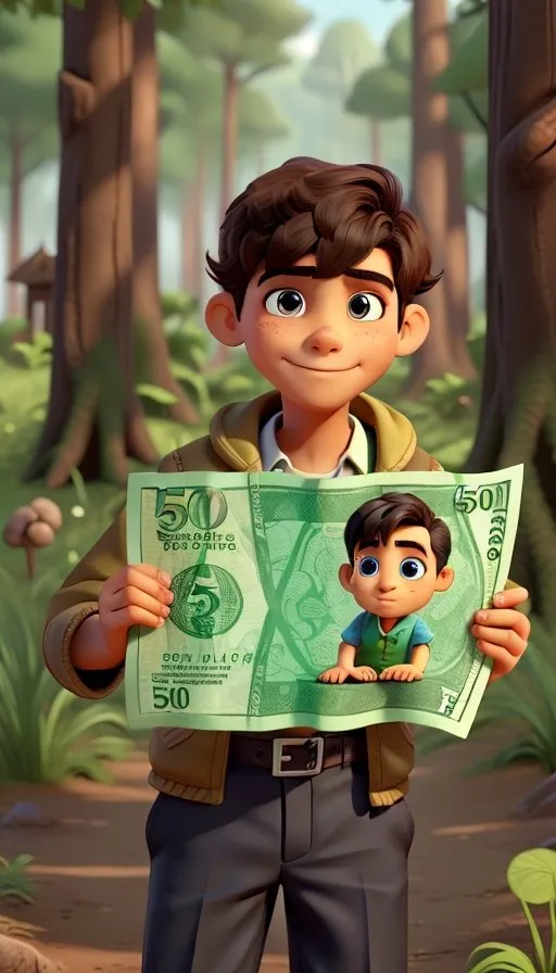 a young boy holding up a large green bill