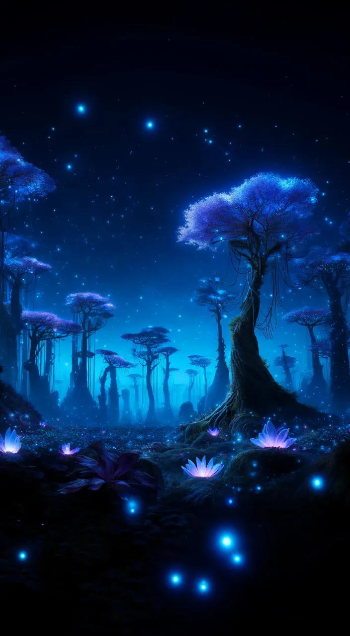 a painting of a forest at night with blue lights