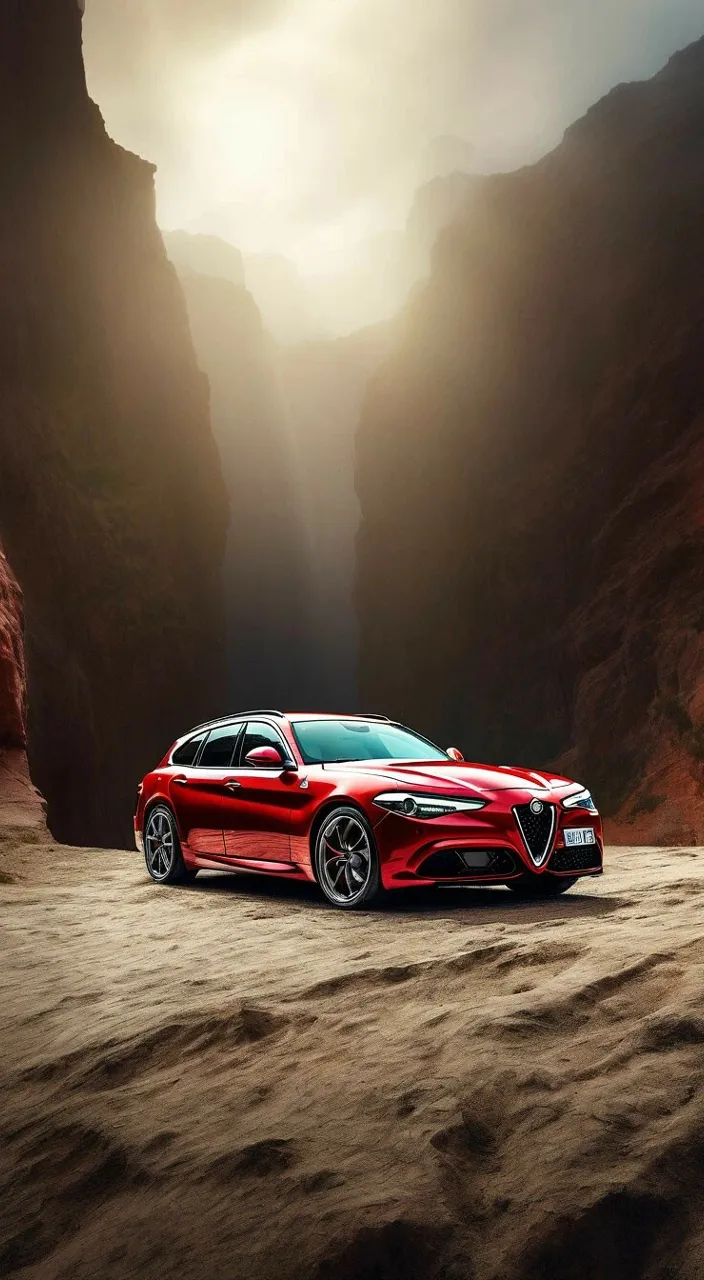 a red alfa sedan parked in front of a mountain