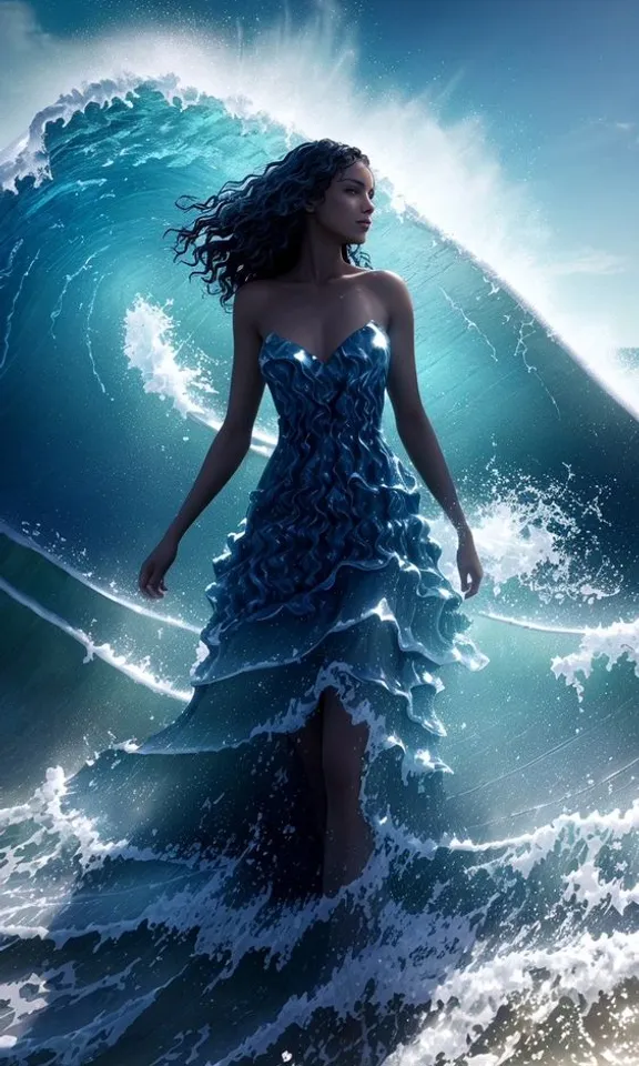 a woman in a blue dress standing on a wave