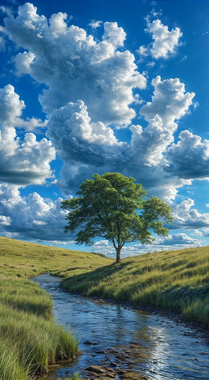 a painting of a tree and a stream