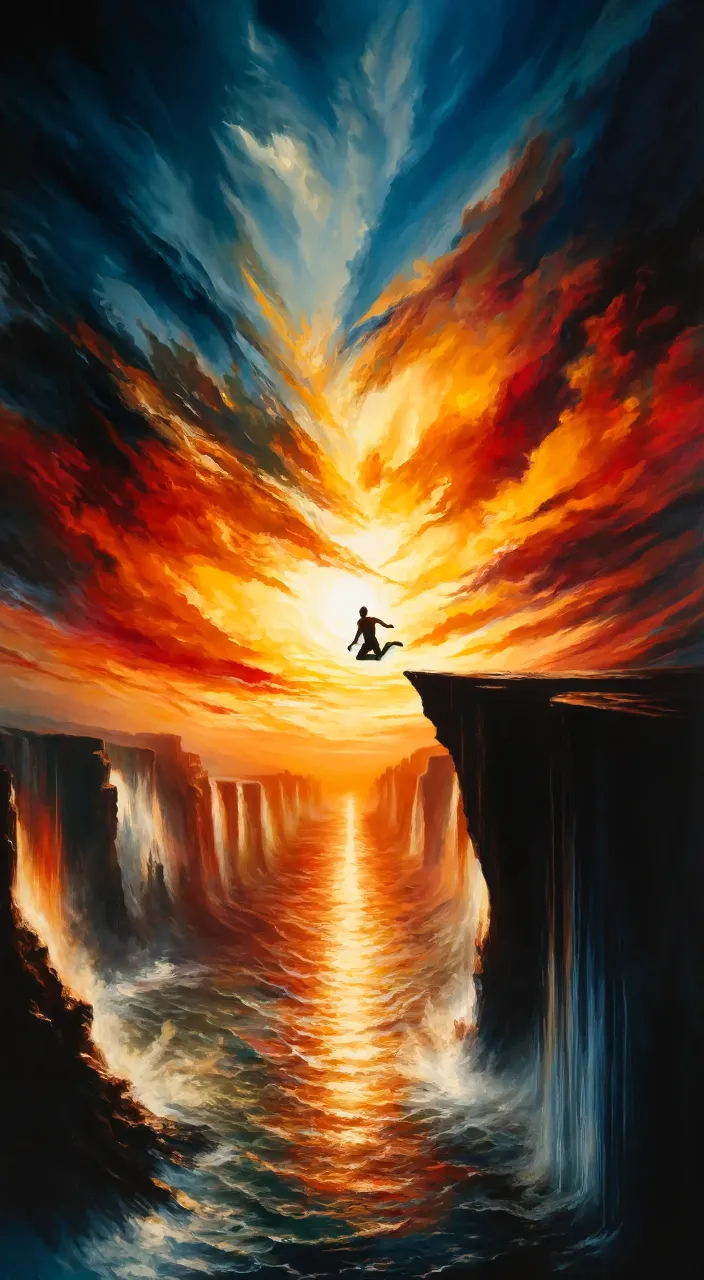 a painting of a person jumping off a cliff into the ocean