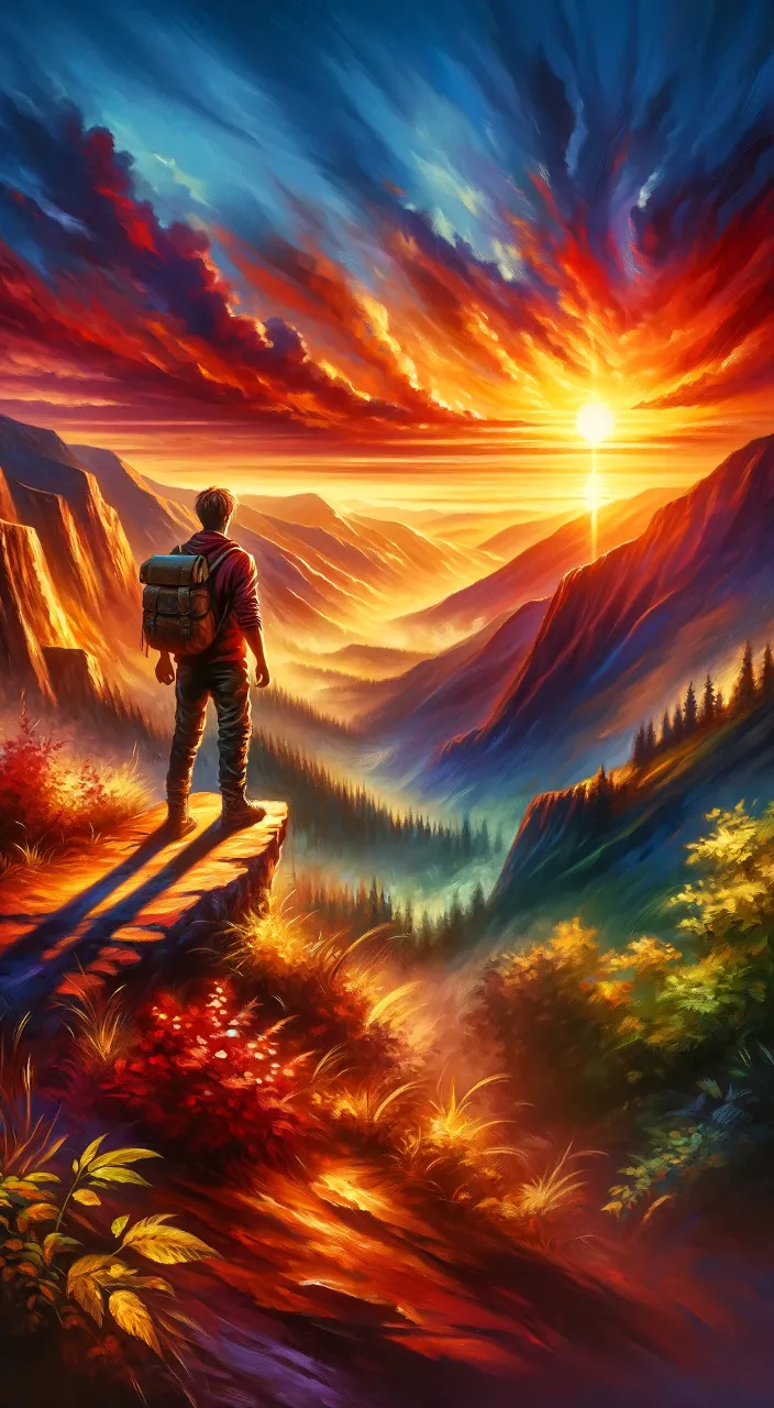 a painting of a man with a backpack standing on a mountain