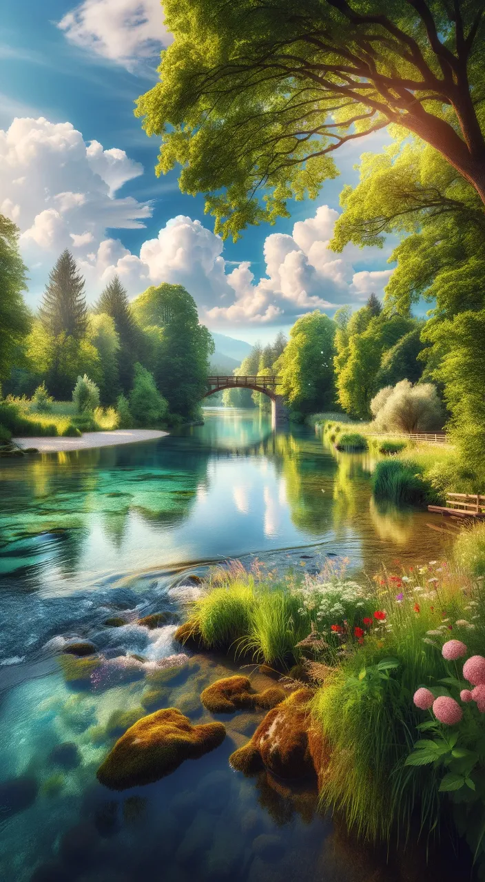 a painting of a river with a bridge in the background