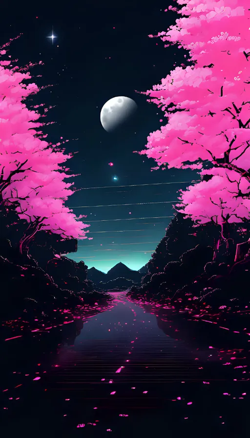 a night scene with pink trees and a full moon