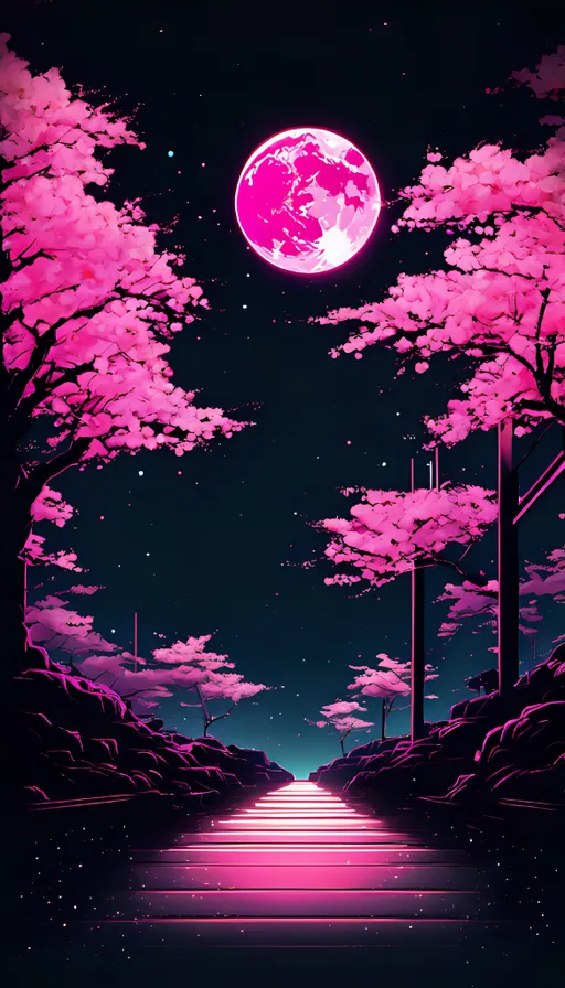 a night scene with stairs leading to a pink moon