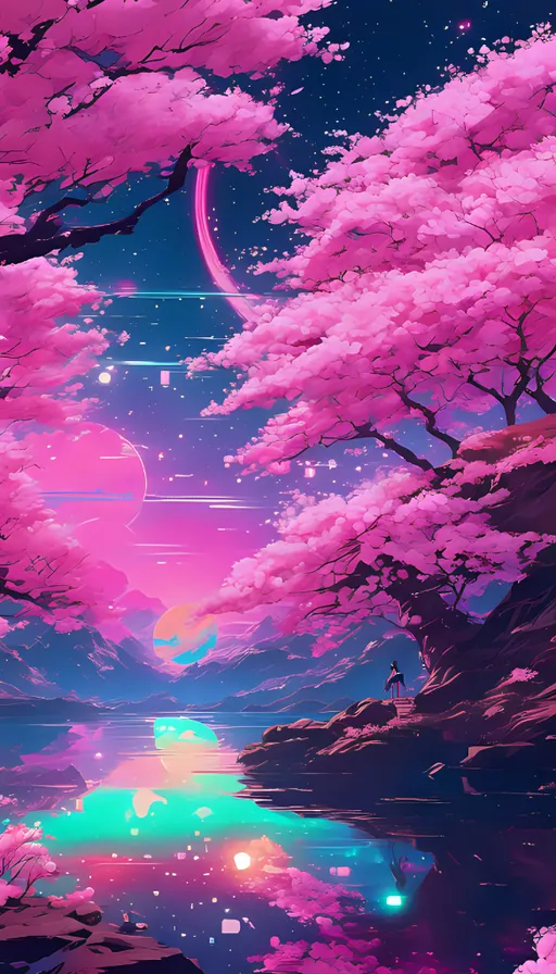 a painting of pink trees and a body of water