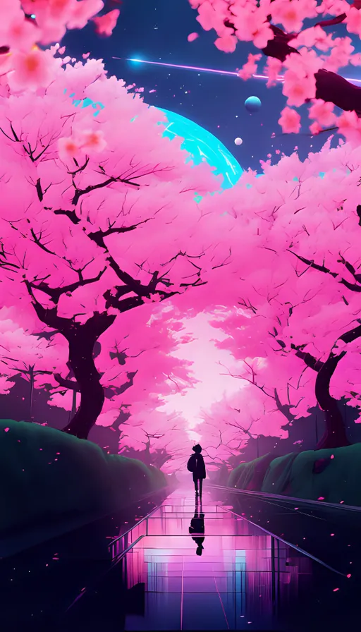 a person standing in the middle of a pink forest