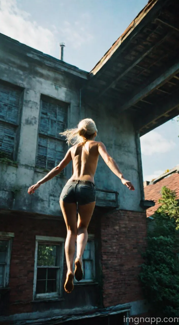 a slender, beautiful girl falls from the roof