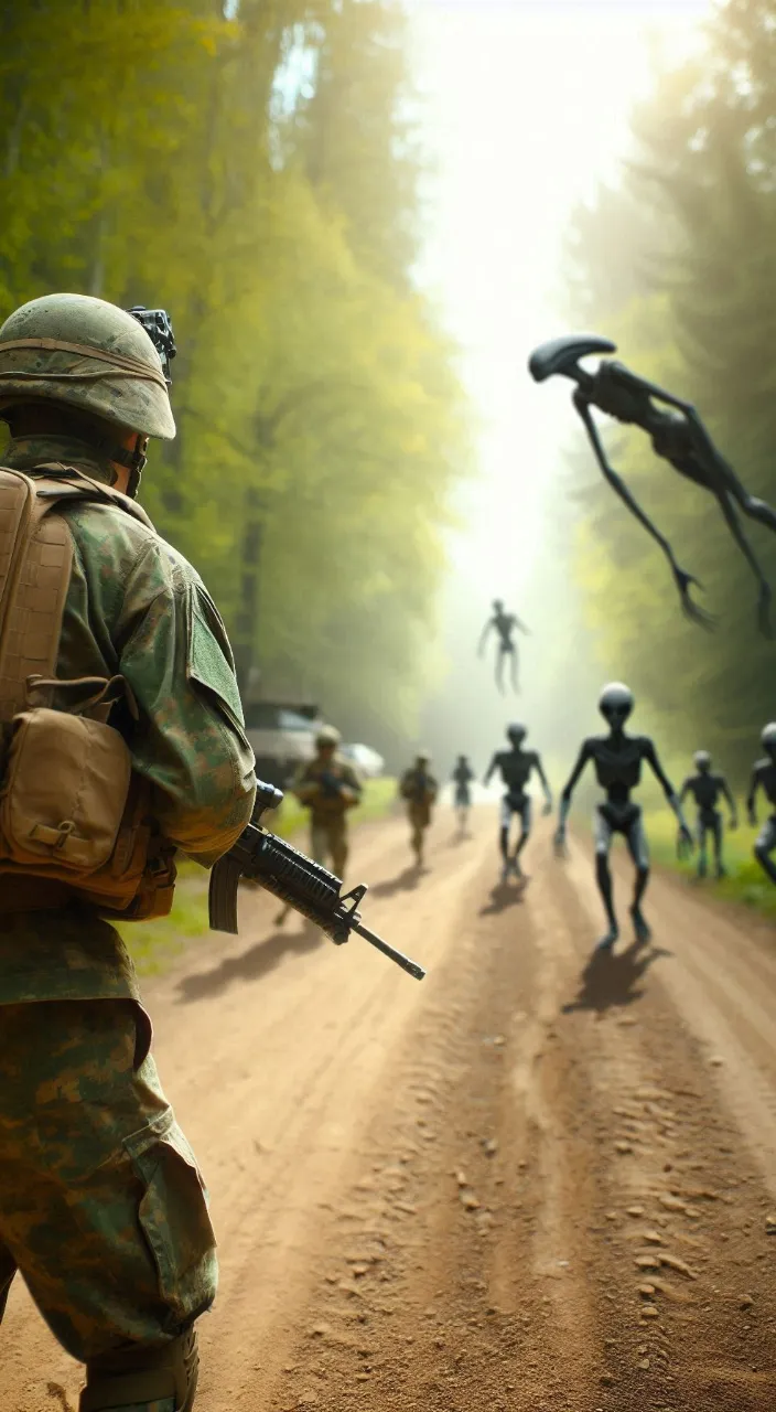 a group of soldiers walking down a dirt road