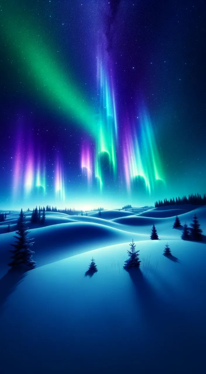  soothing night sky with the aurora of Northern Lights, set in a snowy landscape with evergreen trees