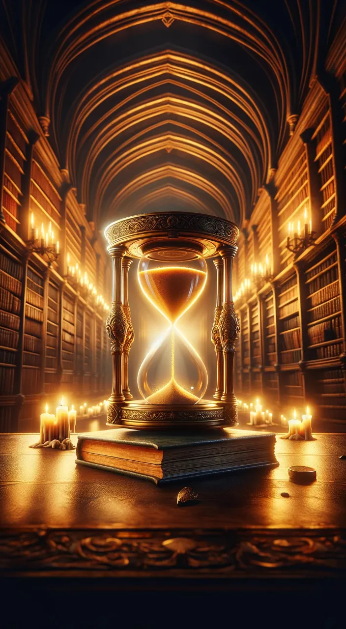 an hourglass sitting on top of a book in a library