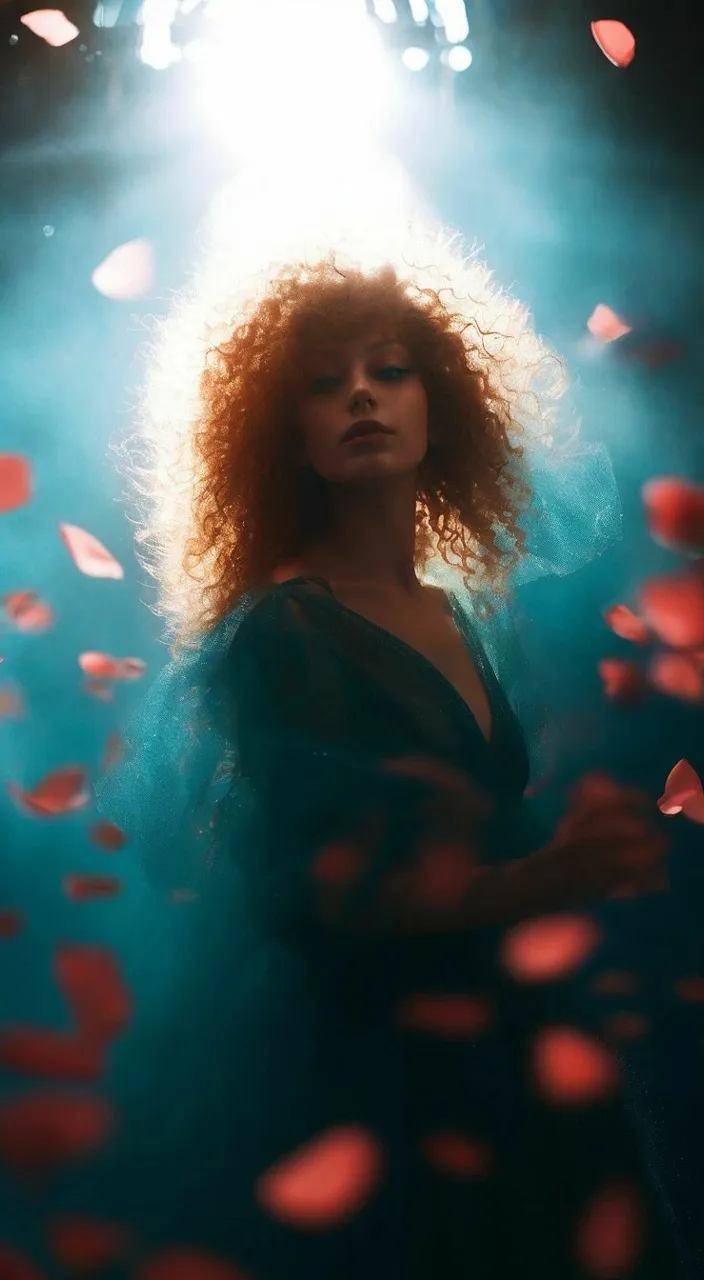 a woman with red hair standing in front of a stage