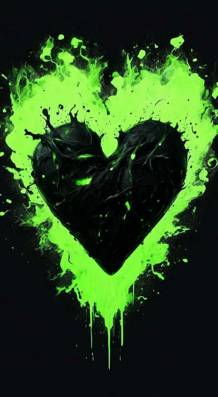 a black heart with green paint splattered on it