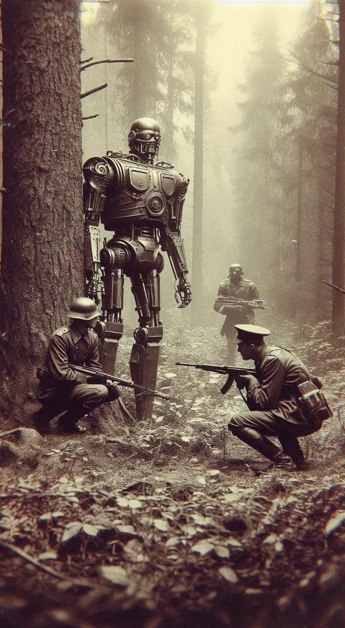 a group of men kneeling down next to a robot