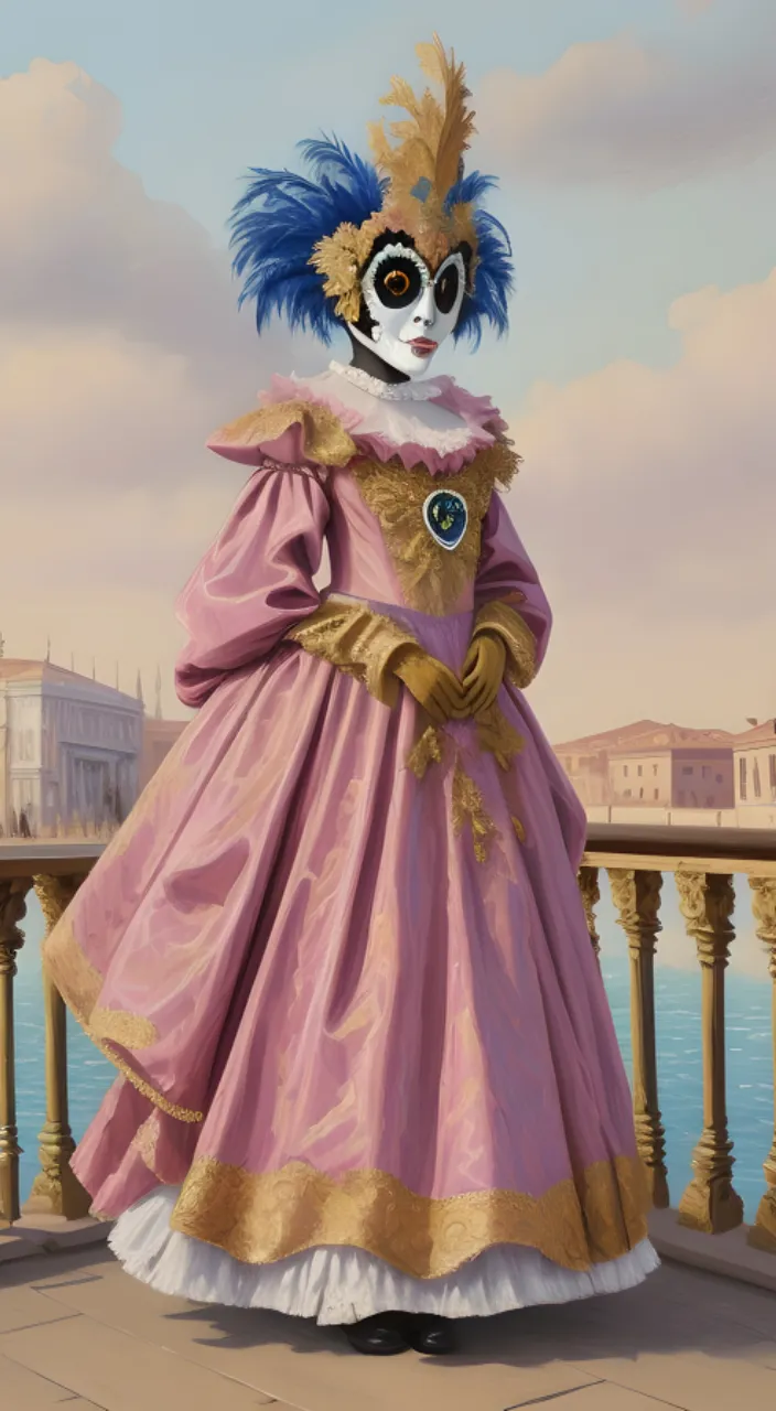 Venice carnival, beautiful woman with pink dress and carnival mask 